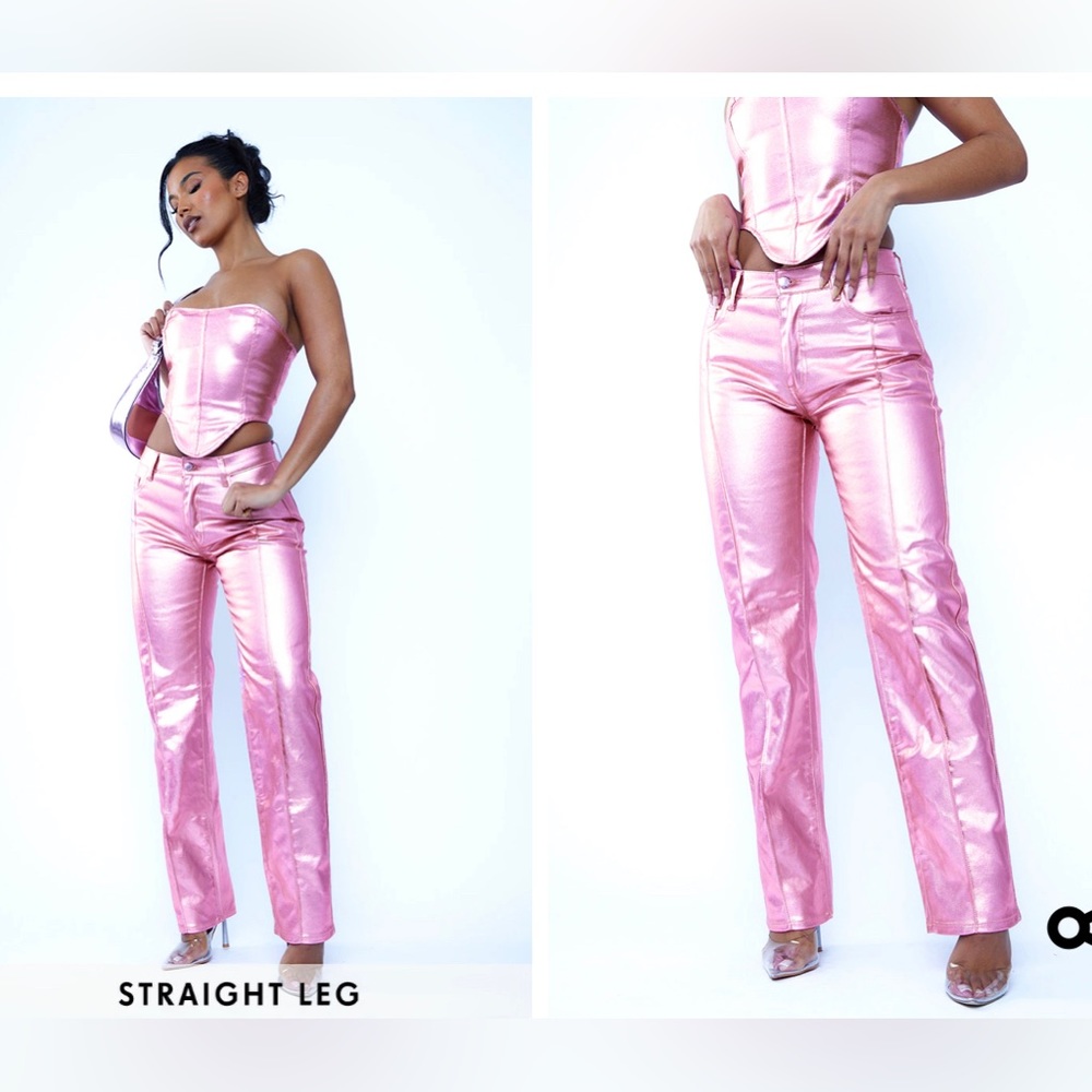 Pink Metallic Coated Denim Straight Leg Jeans